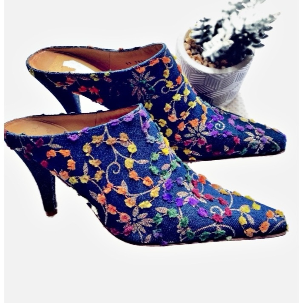 Vintage, Martinez Valero, Denim Floral Glitter Mule